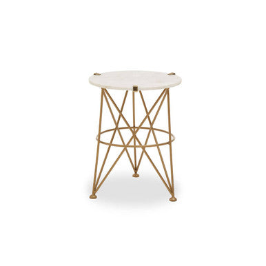 White Rounded Marble Top Side Table with Gold Brass Finish Intersecting Legs, Rabia