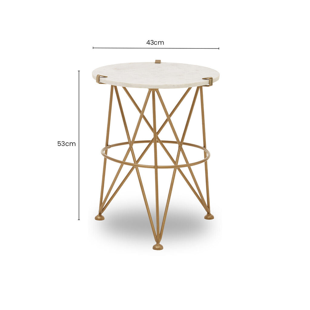 White Rounded Marble Top Side Table with Gold Brass Finish Intersecting Legs, Rabia