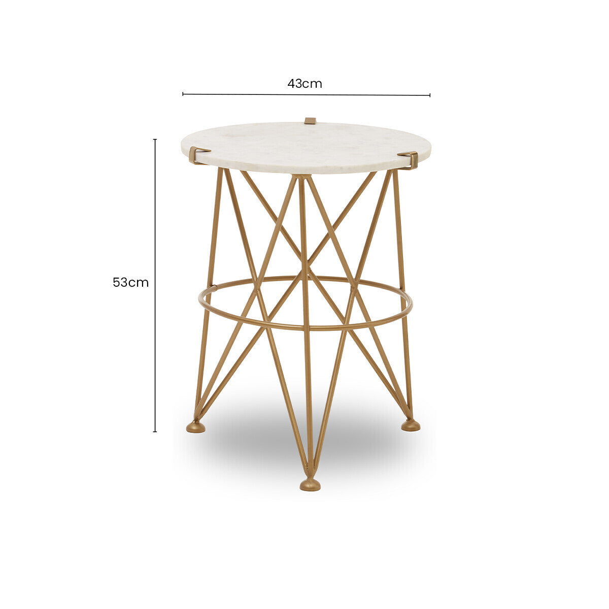 White Rounded Marble Top Side Table with Gold Brass Finish Intersecting Legs, Rabia