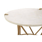 White Rounded Marble Top Side Table with Gold Brass Finish Intersecting Legs, Rabia