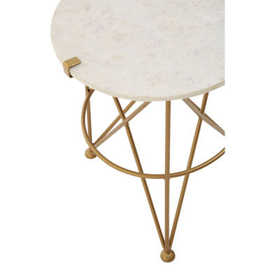 White Rounded Marble Top Side Table with Gold Brass Finish Intersecting Legs, Rabia