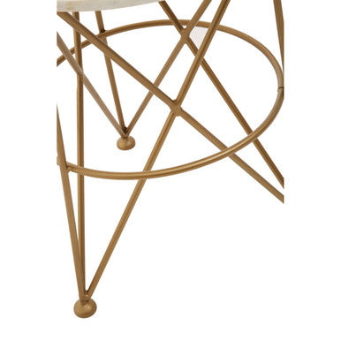 White Rounded Marble Top Side Table with Gold Brass Finish Intersecting Legs, Rabia