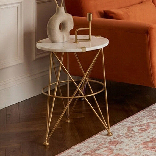 White Rounded Marble Top Side Table with Gold Brass Finish Intersecting Legs, Rabia