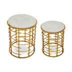 Set of 2 White Marble Tops Round Nesting Tables with Gold Metallic Base | Rabia