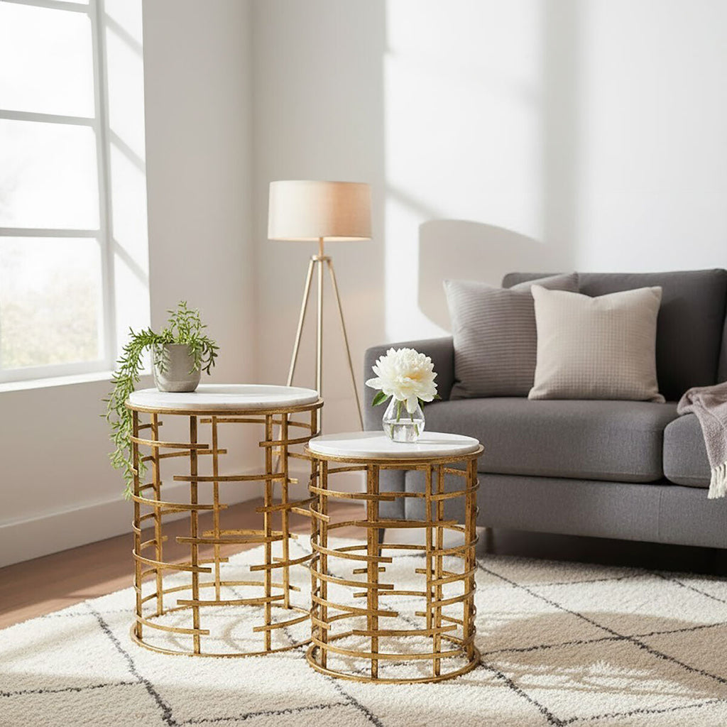 Set of 2 White Marble Tops Round Nesting Tables with Gold Metallic Base | Rabia