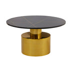 White Marble Round Top Coffee Table with Sculptural Geometric Gold Base | Rabia