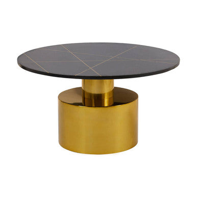 White Marble Round Top Coffee Table with Sculptural Geometric Gold Base | Rabia