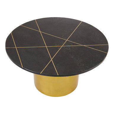 White Marble Round Top Coffee Table with Sculptural Geometric Gold Base | Rabia
