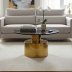 White Marble Round Top Coffee Table with Sculptural Geometric Gold Base | Rabia