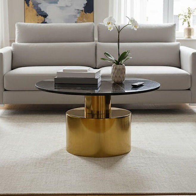 White Marble Round Top Coffee Table with Sculptural Geometric Gold Base | Rabia