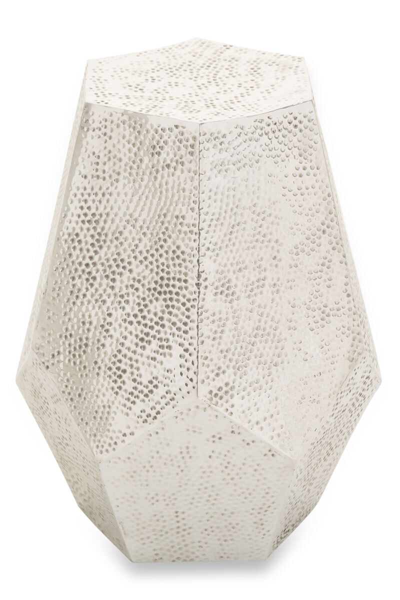 Grey Polished Aluminium Drum Side Table with Geometric Detail Pattern | Rabia