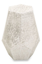 Grey Polished Aluminium Drum Side Table with Geometric Detail Pattern | Rabia