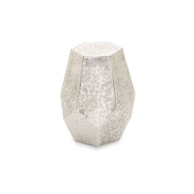 Grey Polished Aluminium Drum Side Table with Geometric Detail Pattern | Rabia