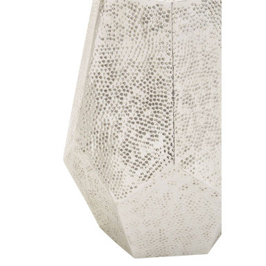 Grey Polished Aluminium Drum Side Table with Geometric Detail Pattern | Rabia