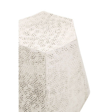 Grey Polished Aluminium Drum Side Table with Geometric Detail Pattern | Rabia