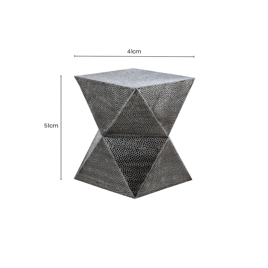 Grey Square Stool with Geometric Detailing and Antique Zinc Finish | Rabia