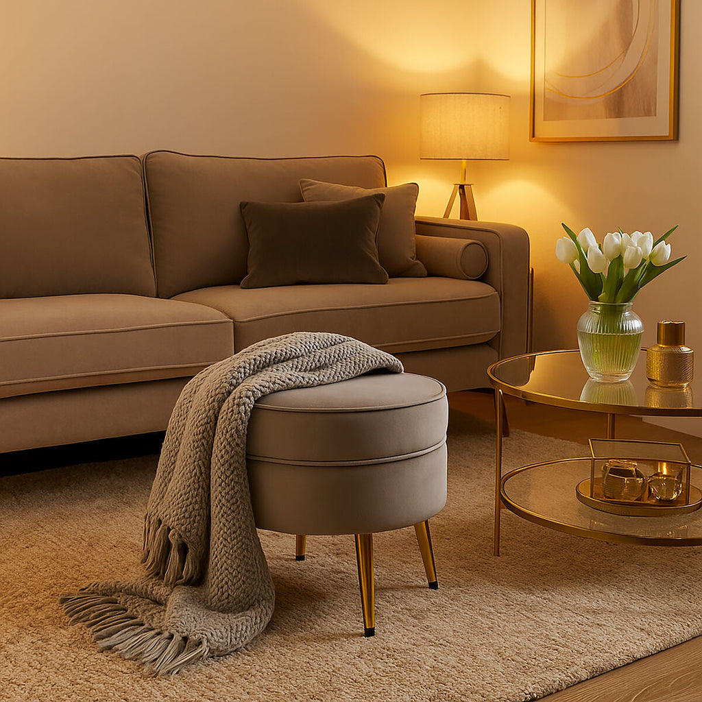 Round Mink Velvet Gold Leg Footstool | Tamra