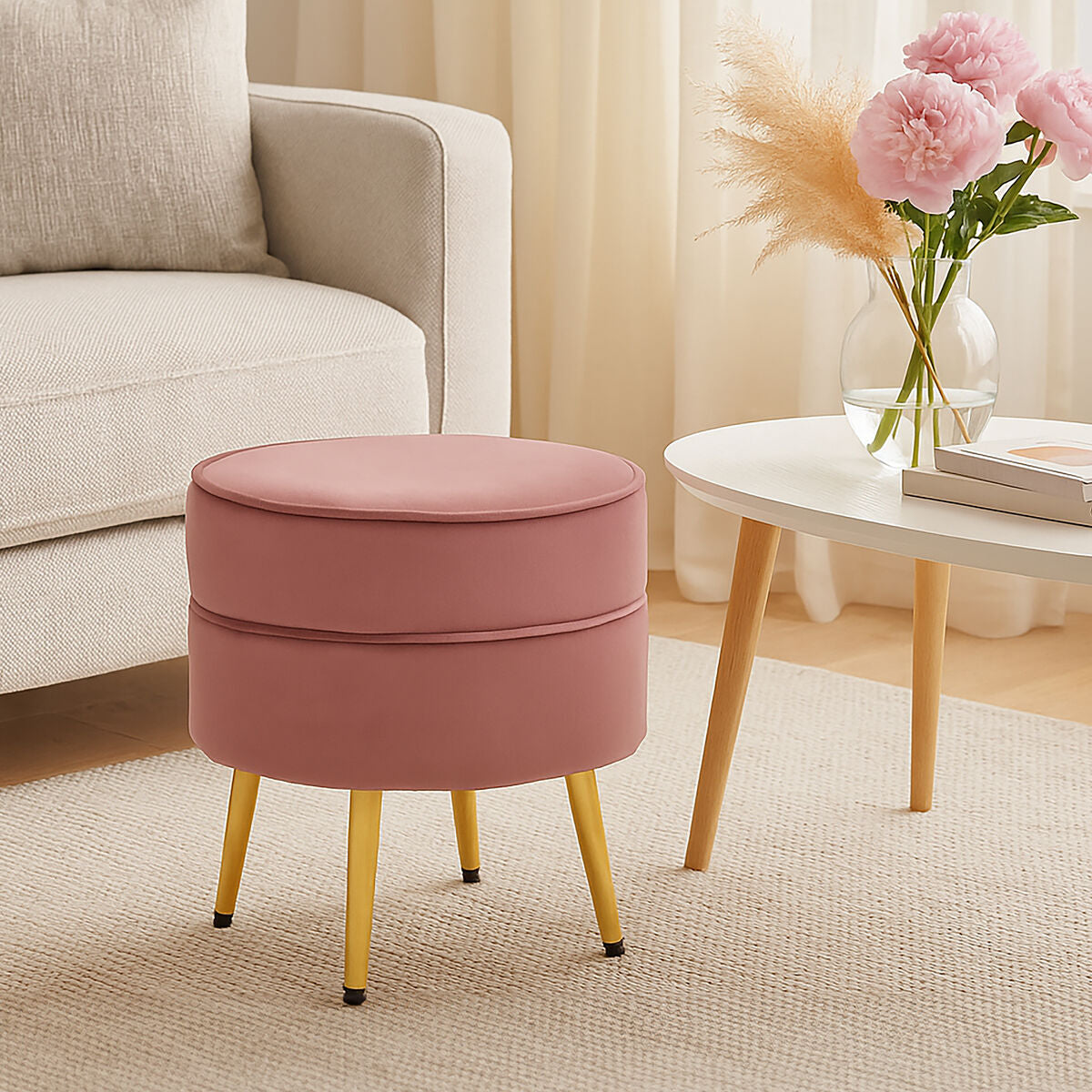 Round Dusty Pink Velvet Gold Leg Footstool | Tamra