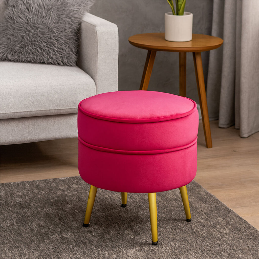Round Bright Pink Velvet Gold Leg Footstool | Tamra