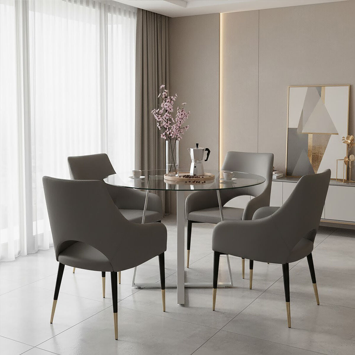 Grey Leather Effect Dining Chair with Gold Tip Legs | Gilden