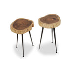 Set of 2 Natural Wood Carved Tops Side Tables with Black Metal Tapered Legs | Nandri
