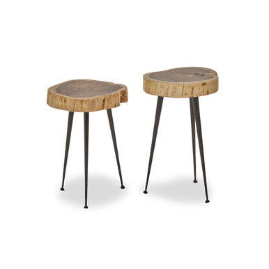 Set of 2 Natural Wood Carved Tops Side Tables with Black Metal Tapered Legs | Nandri