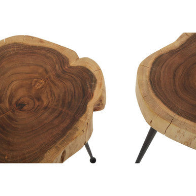 Set of 2 Natural Wood Carved Tops Side Tables with Black Metal Tapered Legs | Nandri