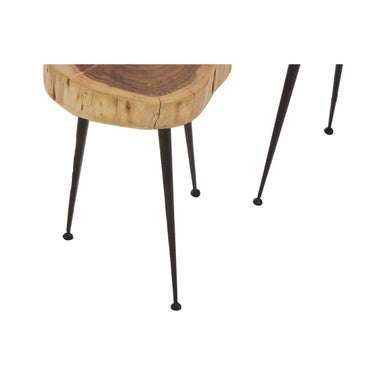 Set of 2 Natural Wood Carved Tops Side Tables with Black Metal Tapered Legs | Nandri