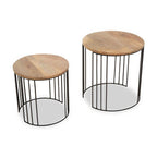 Set of 2 Natural Mango Wood Round Side Tables with Black Metallic Drum Shaped Open Frame | Nandri