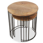 Set of 2 Natural Mango Wood Round Side Tables with Black Metallic Drum Shaped Open Frame | Nandri
