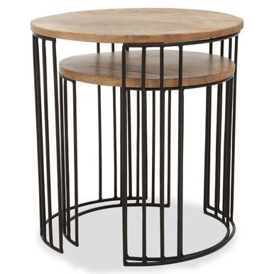 Set of 2 Natural Mango Wood Round Side Tables with Black Metallic Drum Shaped Open Frame | Nandri