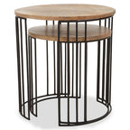 Set of 2 Natural Mango Wood Round Side Tables with Black Metallic Drum Shaped Open Frame | Nandri
