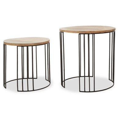 Set of 2 Natural Mango Wood Round Side Tables with Black Metallic Drum Shaped Open Frame | Nandri