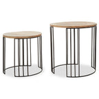 Set of 2 Natural Mango Wood Round Side Tables with Black Metallic Drum Shaped Open Frame | Nandri