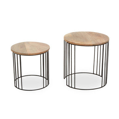 Set of 2 Natural Mango Wood Round Side Tables with Black Metallic Drum Shaped Open Frame | Nandri