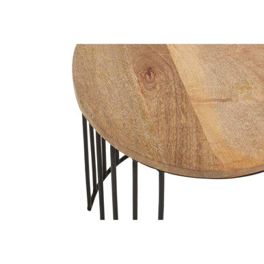 Set of 2 Natural Mango Wood Round Side Tables with Black Metallic Drum Shaped Open Frame | Nandri