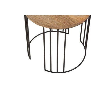 Set of 2 Natural Mango Wood Round Side Tables with Black Metallic Drum Shaped Open Frame | Nandri