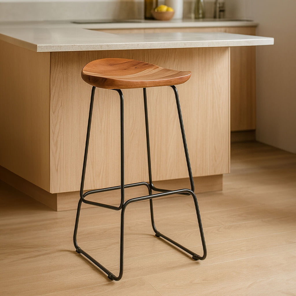 Acacia Wood and Black Frame Bar Stool | Nandri