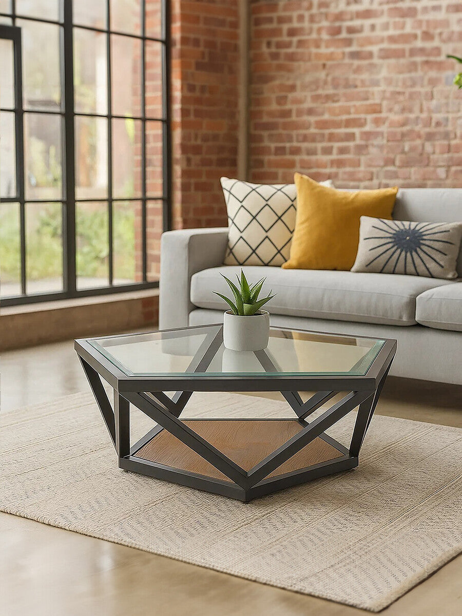 Black Hexagon Metal Frame Coffee Table with Glass Top | Cibo