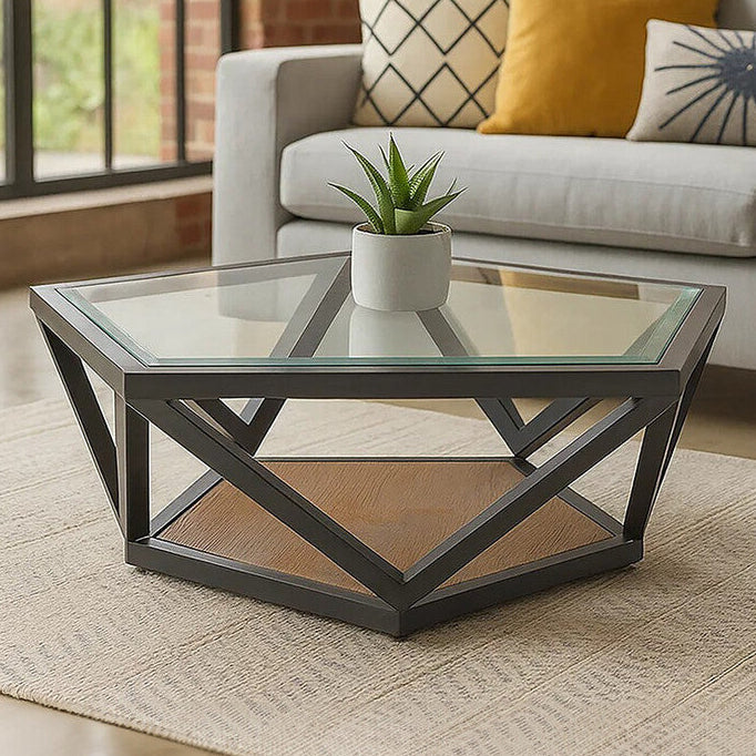 Black Hexagon Metal Frame Coffee Table with Glass Top | Cibo