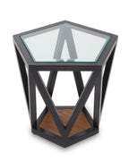 Black Geometric Metal Frame Hexagon Side Table with Tempered Glass Top and Wood Effect Base Inside | Cibo