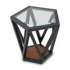 Black Geometric Metal Frame Hexagon Side Table with Tempered Glass Top and Wood Effect Base Inside | Cibo