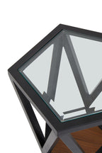 Black Geometric Metal Frame Hexagon Side Table with Tempered Glass Top and Wood Effect Base Inside | Cibo