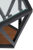 Black Geometric Metal Frame Hexagon Side Table with Tempered Glass Top and Wood Effect Base Inside | Cibo