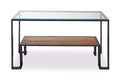 Tempered Glass Top 2-Tier Console Table with Wood Lower Shelf and Black Metallic Frame | Cibo