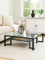 Black Wooden Frame and Glass Top Coffee Table with Shelf | Cibo
