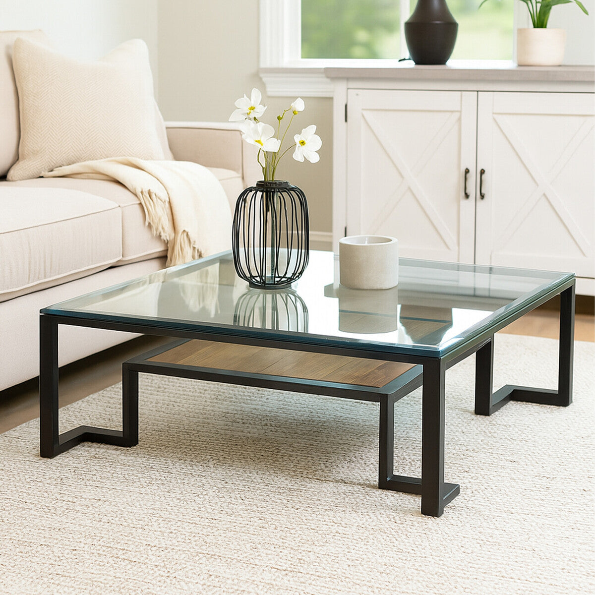 Black Wooden Frame and Glass Top Coffee Table with Shelf | Cibo