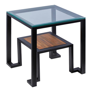 Clear Glass Top Side Table with Lower Wood Shelf and Black Metal Frame, Cibo