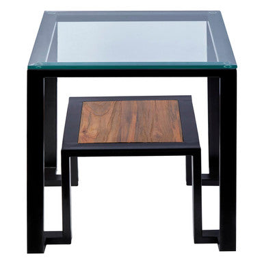 Clear Glass Top Side Table with Lower Wood Shelf and Black Metal Frame, Cibo