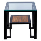 Clear Glass Top Side Table with Lower Wood Shelf and Black Metal Frame, Cibo